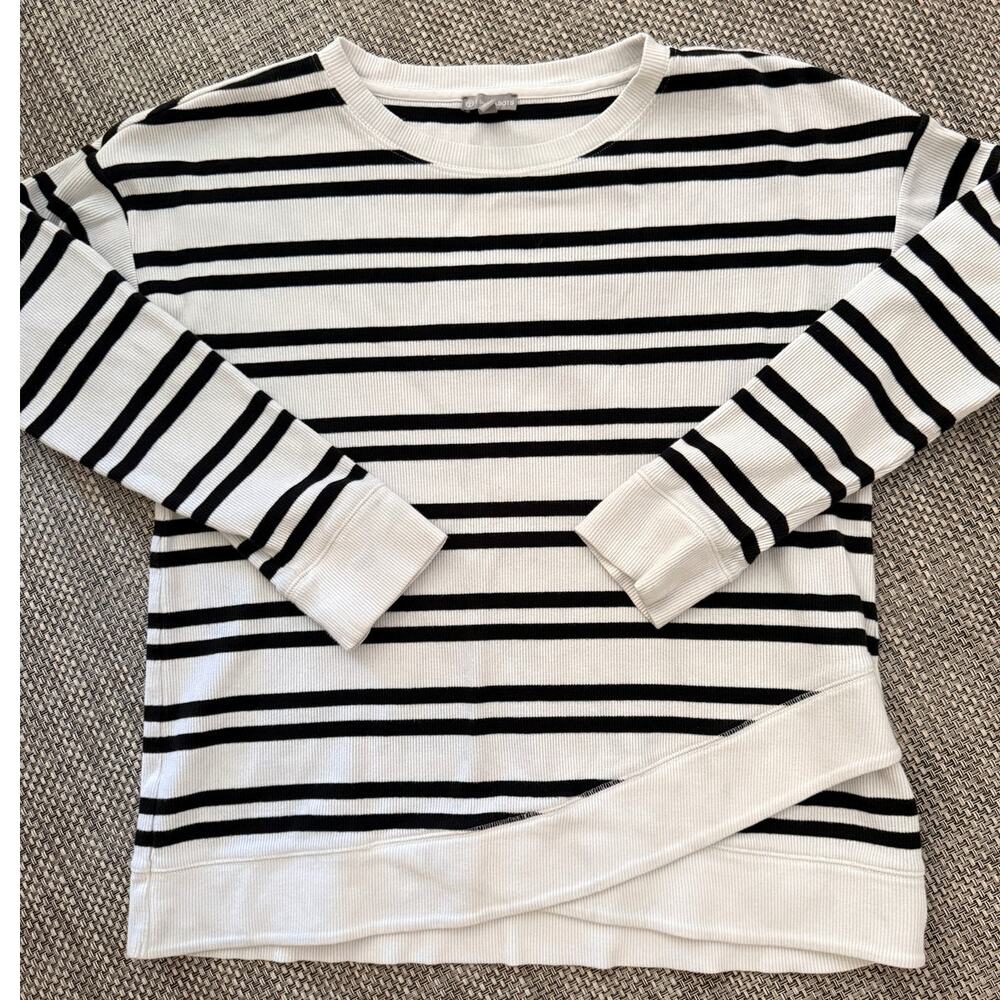 TALBOTS Ribbed Cotton Criss Cross Hem Crewneck L/S Top Black Cream Stripe M